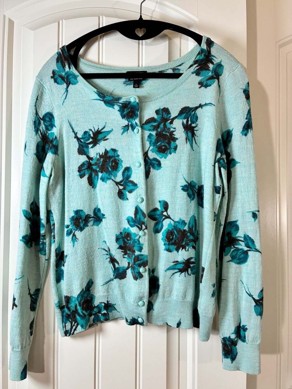 Talbots Pure Italian Merino Wool Blue Floral Cardigan Sweater Size L